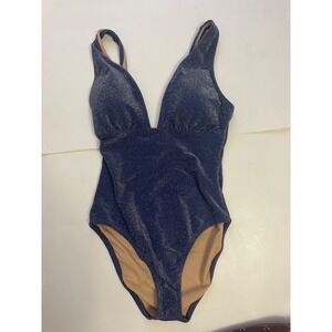 J.Crew Metallic Navy Blue Shimmer V-Neck One-Piece Swimsuit Size M RN77388